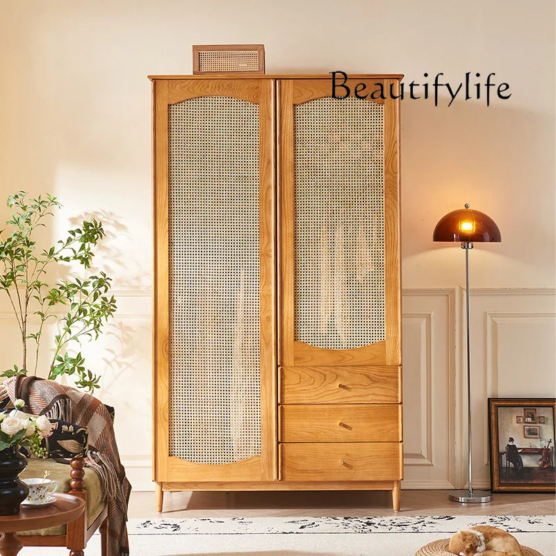 Wabi الرمال خزانة خشبية صلبة غرفة نوم منزلية شقة صغيرة التقسيم خزانة تخزين متعددة الوظائف باب مزدوج الروطان Ca
