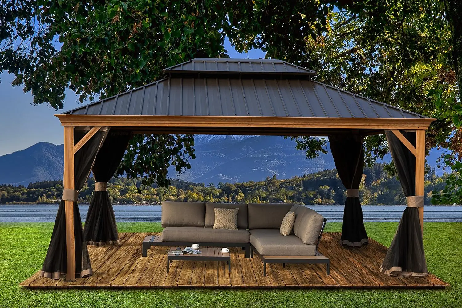 Hardtop Gazebo ไม้เคลือบกรอบอลูมิเนียมหลังคาเหล็กชุบสังกะสีหลังคาคู่กลางแจ้งถาวรโลหะ Pavilion 12x16 ฟุต