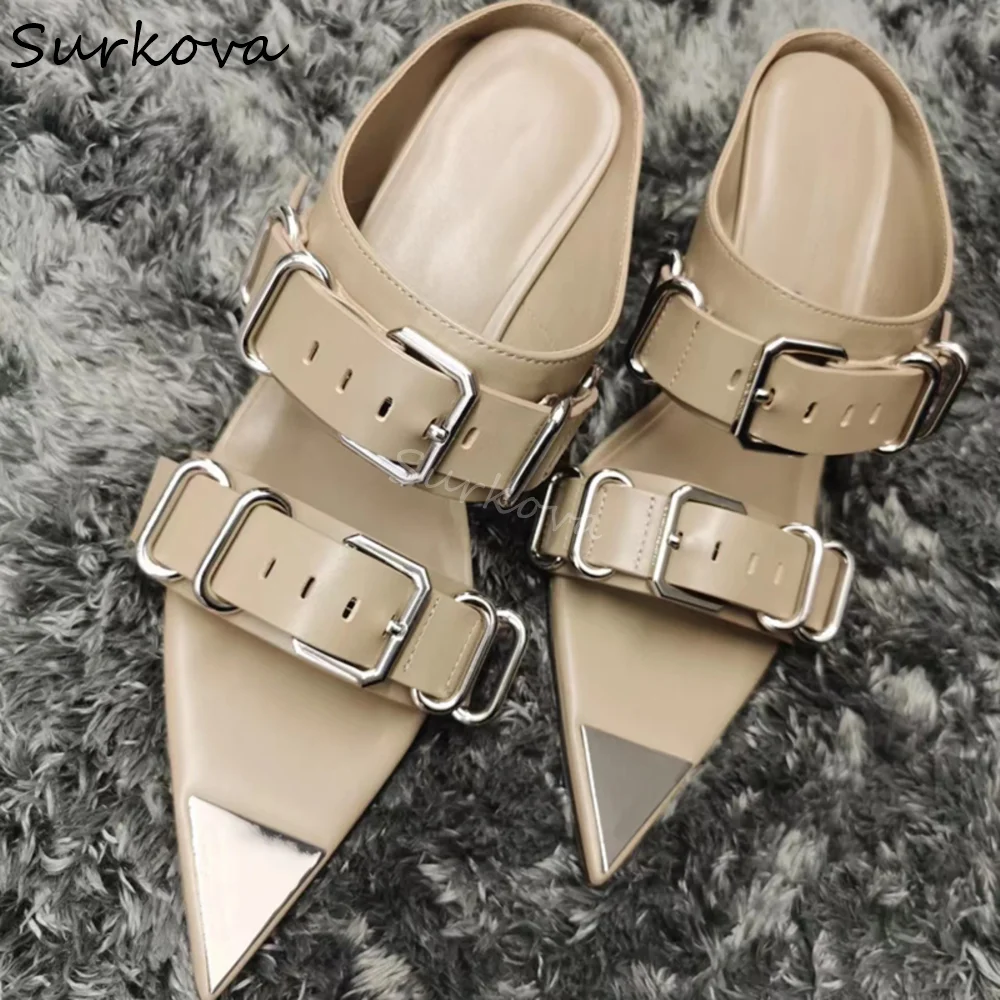 Metal Pointed Toe Belt Buckle Sandals Women Black Leather Slip On Strange Style Slides 2024 New French Wedge Heel Fashion Sandal