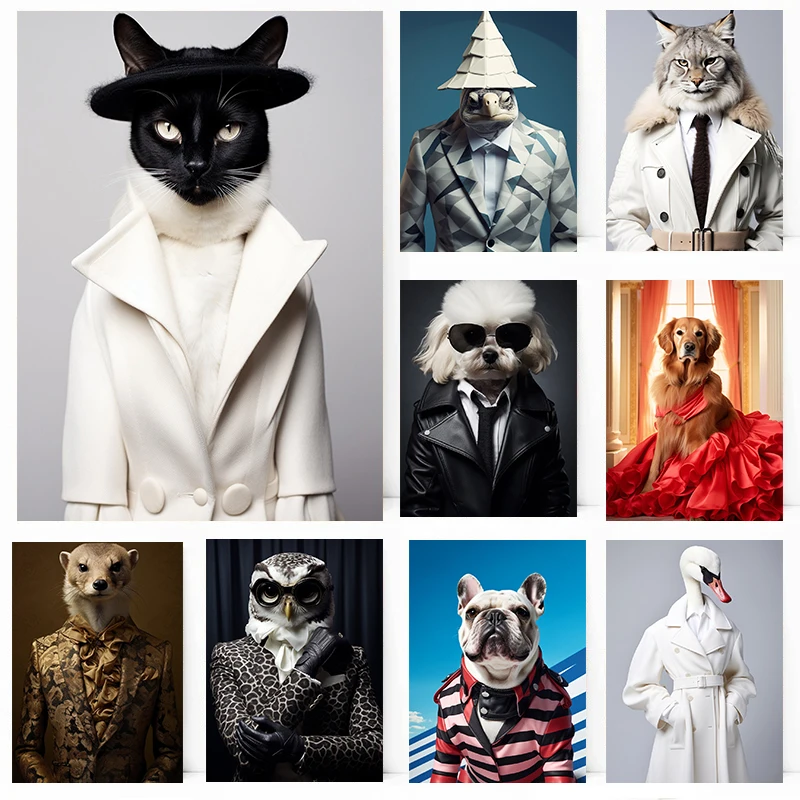 Fashionable Dressing Animal Portrait Posters Deluxe Chic Animal Prints Canvas Painting Wall Art Pictures Home Room Modern Decor