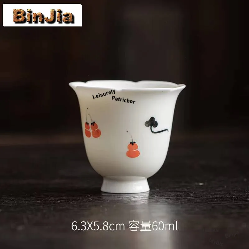 2Pc/Lot Reverse White Handmade Master Cup Handpainted Persimmon Teacup Antique Flower Mouth Smelling Tea Ceremony 60Ml
