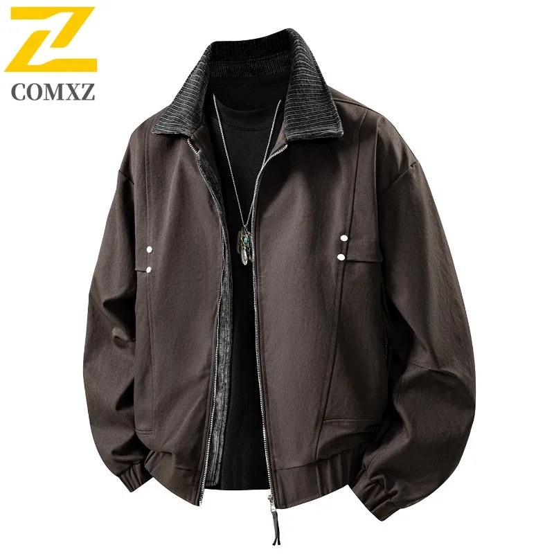 

COMXZ Men Vintage Biker Jacket Stand Collar Classic Coat Water-Resistant Windproof Loose Fit Streetwear Motorcycle Outerwear