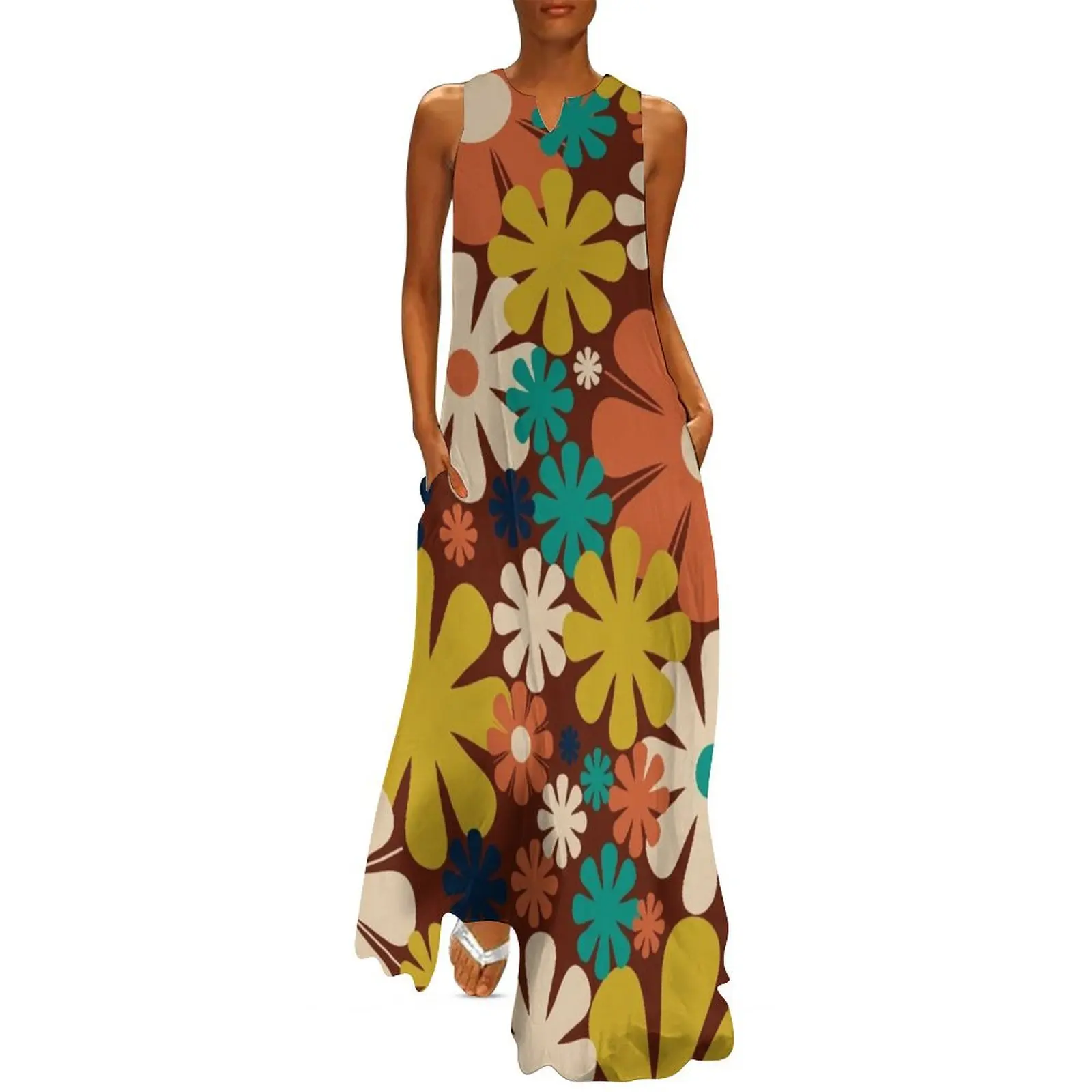 

Retro 60s 70s Aesthetic Floral Pattern in Midcentury Rust Orange Mustard Teal Blue Beige Long Dress evening dresses women