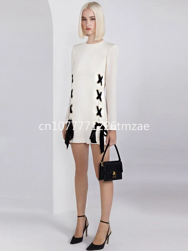 Latest 2024 S/S Designer Runway Fashion Women's Long Sleeve Ribbon Lace up Dress