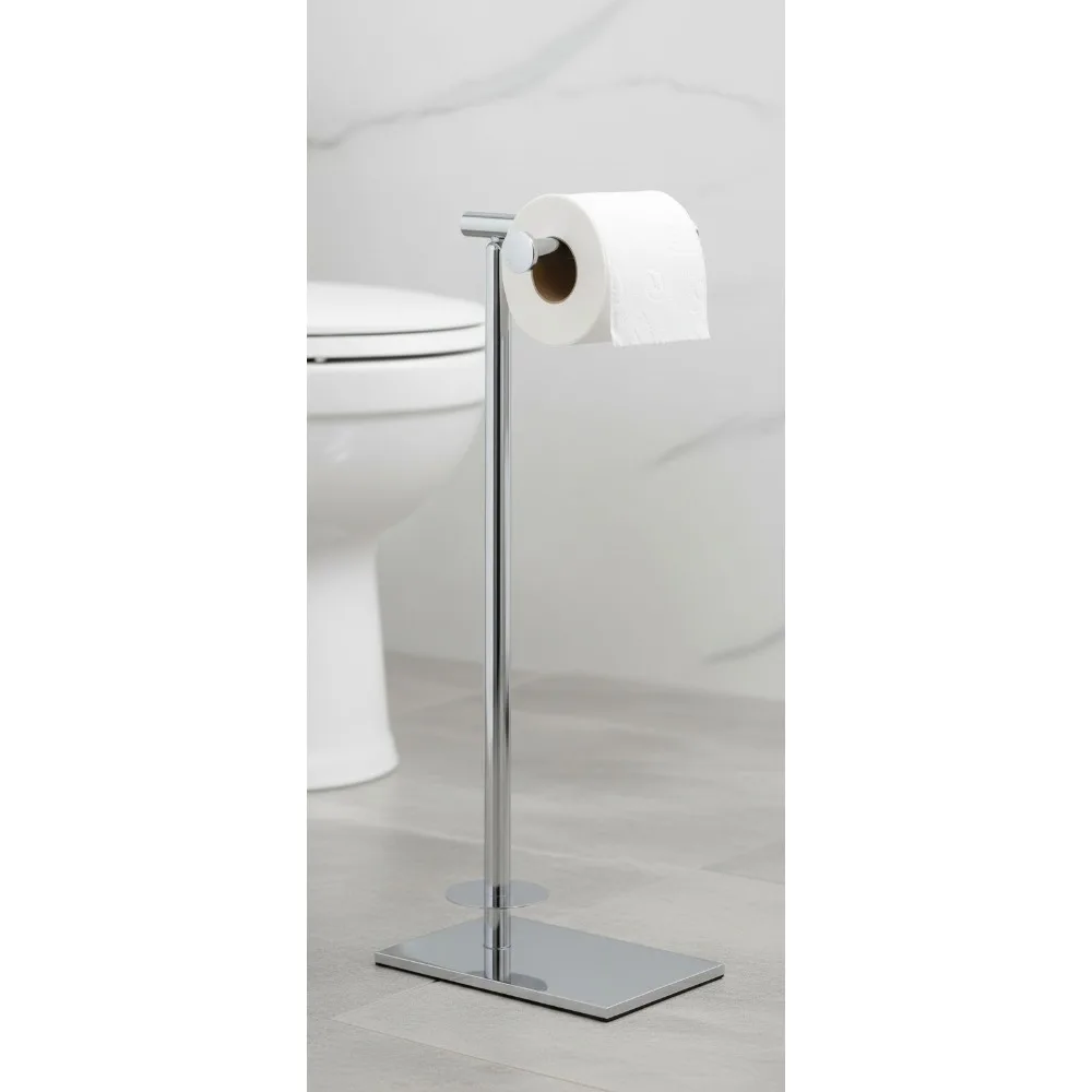 

Modern Square Toilet Paper Holder Stand with Storage, Chrome Finish, Freestanding Bathroom Organizer