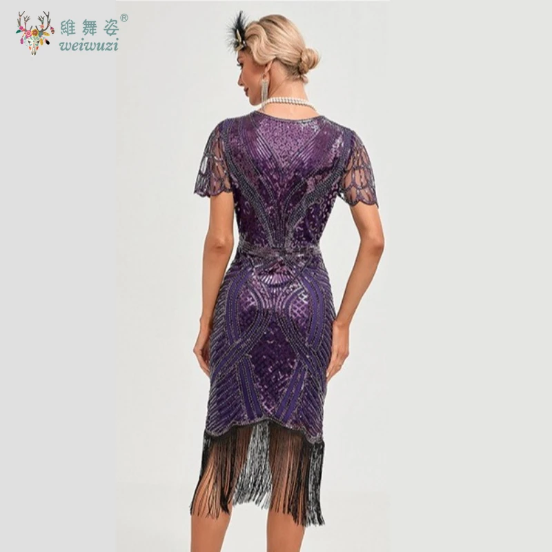 1920년대 우아한 V넥 비즈 프린지 드레스 여성 빈티지 파티 시퀸 바디콘 세미 시어 레이스 슬리브 칵테일 이브닝 드레스