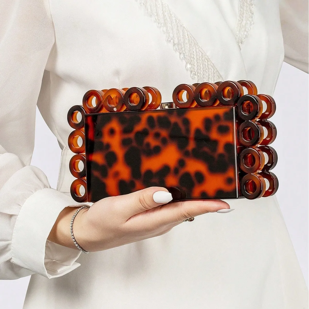 

Acrylic Box Evening Clutch Purse Bags For Wedding Party Dark Brown Blue Foil Beads Purses And Handbags Designer Shoulder Bag Ins