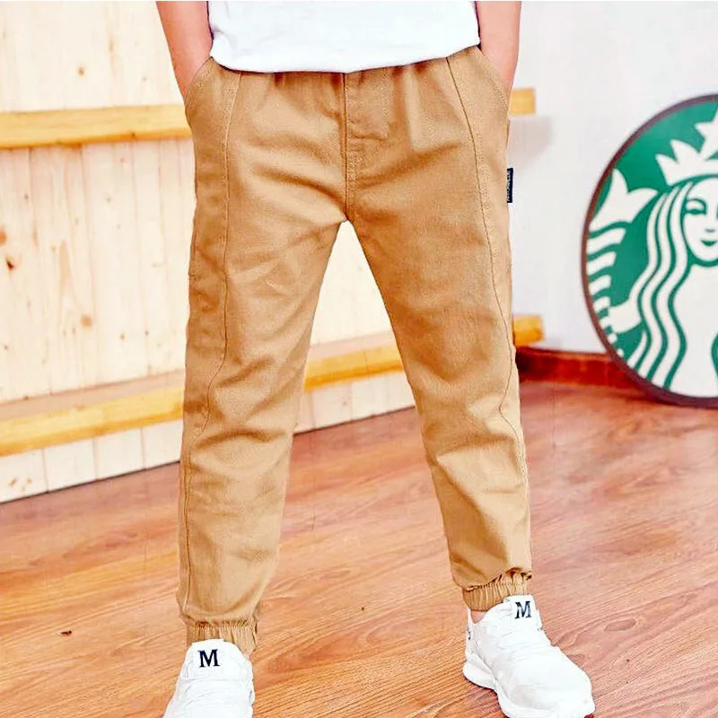 Children Boys Pants Spring Autumn Cotton Elastic Waist Trousers Solid Color Pant Kids Teenager Sport Casual Clothing 3-12 Years