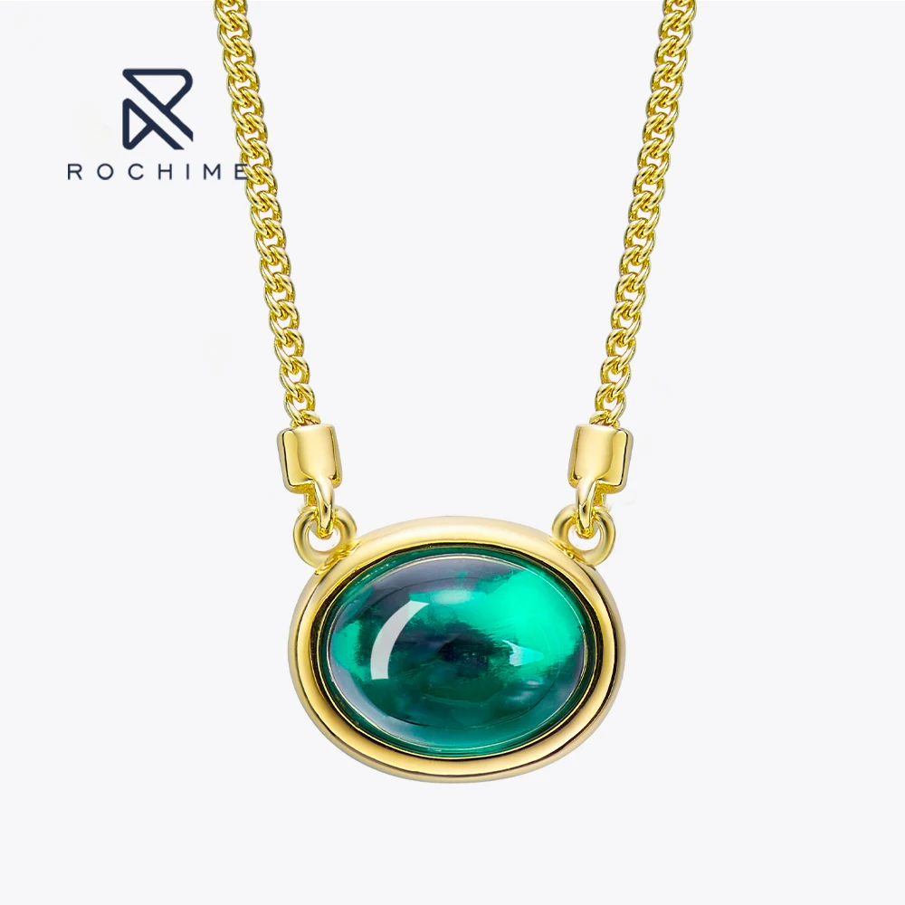 

Rochime Oval Shaped Lab Grown Emerald Pendant Necklace 925 Sterling Silver 18k Gold Plated Jewelry For Women