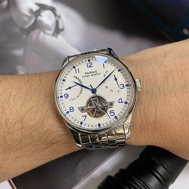 Часы наручные Parnis Мужские механические, автоматические механические с кожаным ремешком, с турбийоном, резервное питание, 43 мм