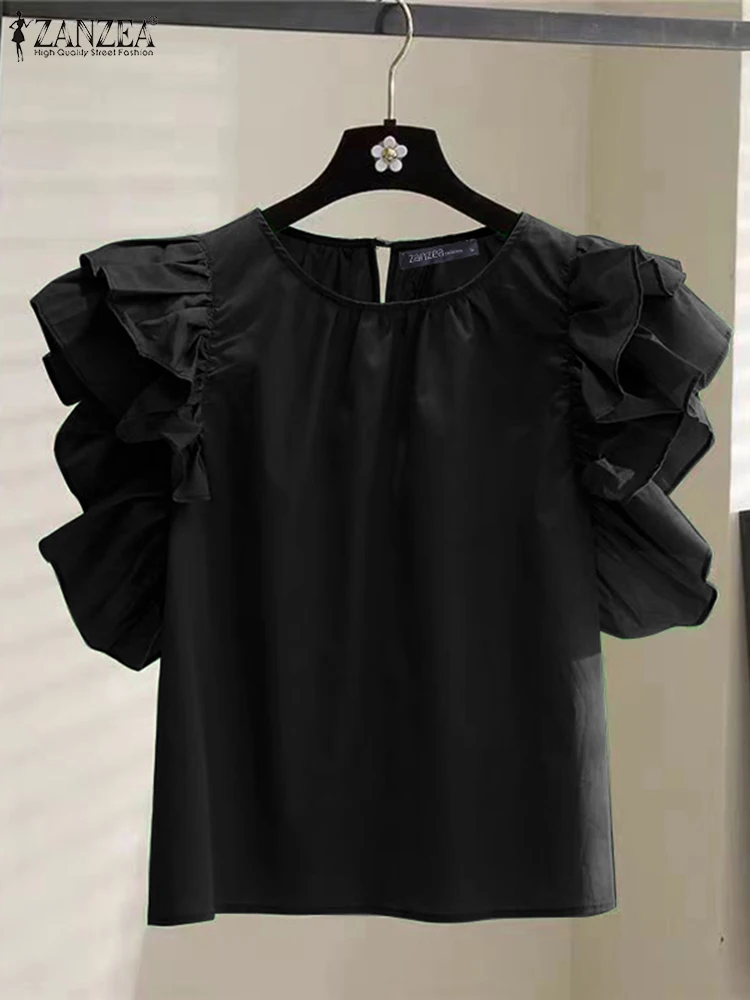 ZANZEA 2025 بلوزة الصيف الكورية موضة المرأة كشكش أكمام تانك القمم عادية مطوي تونك شيك فضفاض تكدرت Blusas فام