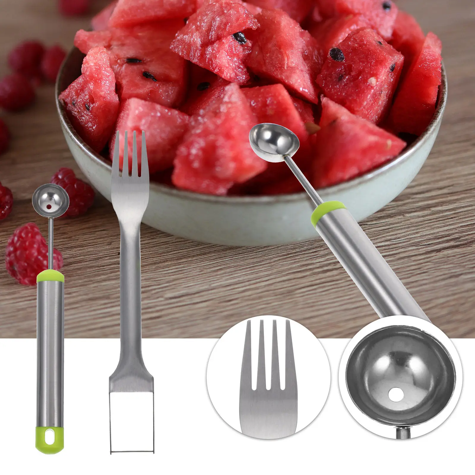 1 Set Of Metal Watermelon Slicer Multifunctional Fruits Cutter Kitchen Gadgets Melon Baller Spoon Fruit Fork Watermelon Cutting