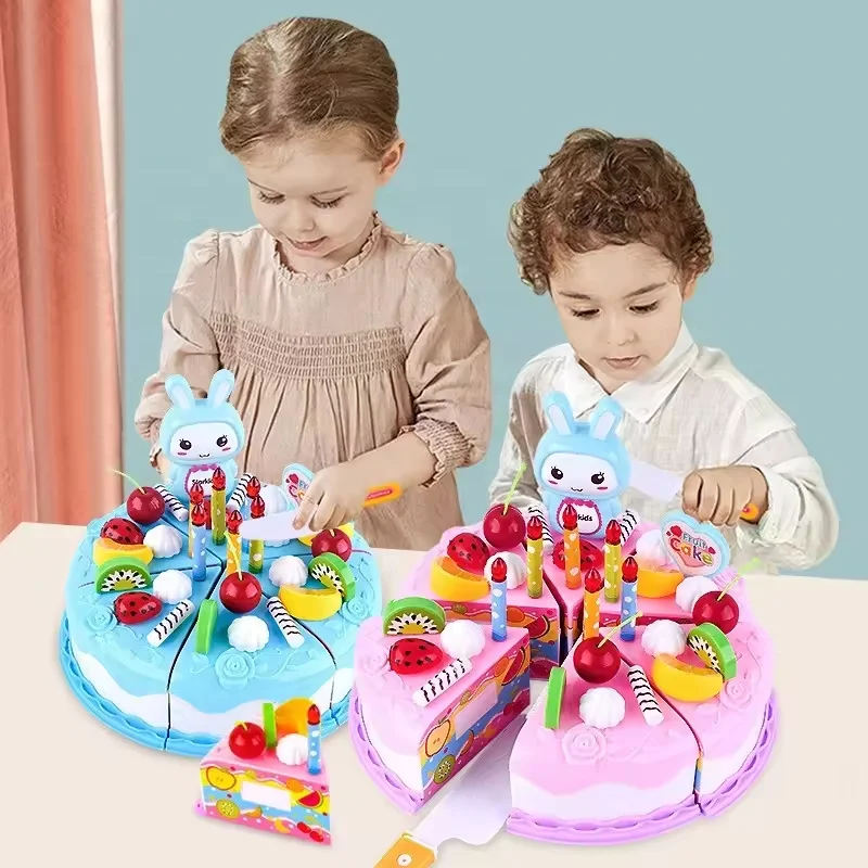 Kids Toy Simulation DIY Birthday Cake Model Kitchen Pretend Play House Cutting Fruit Food Toy for Toddler Children Gift Boy Girl