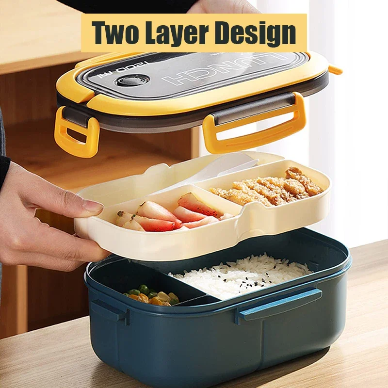 Double Lunch Box Insulated 1200ML Lunch Box with Cutlery Commuting Picnic Travelling Student Microwaveable Portable Lunch Box