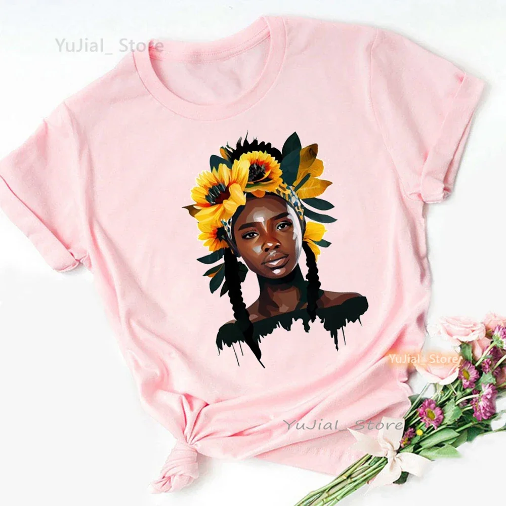 

Cool Africa Black Girls Print Pink T Shirt Women'S Clothing Melanin Poppin Tshirt Femme Sunflower Flowers T Shirt Female