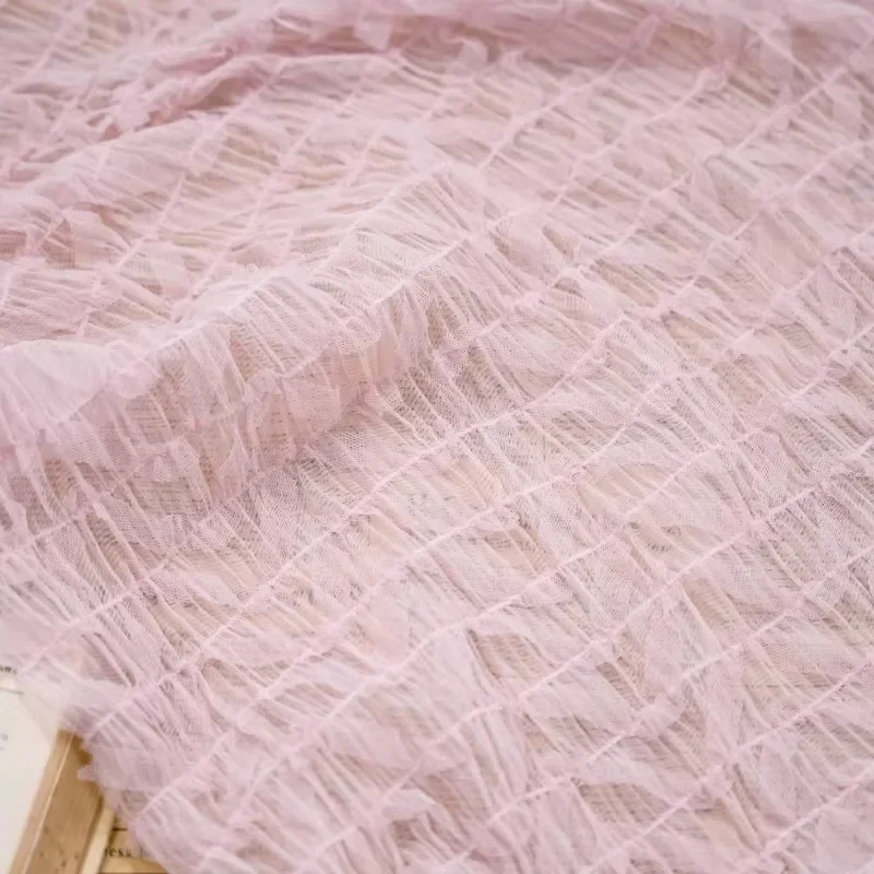 Beige Embroidered Ruffled Stretch Chiffon Fabric for Dress, Blouse, Evening Dress, Wedding Gown, Skirts, Costumes, Doll