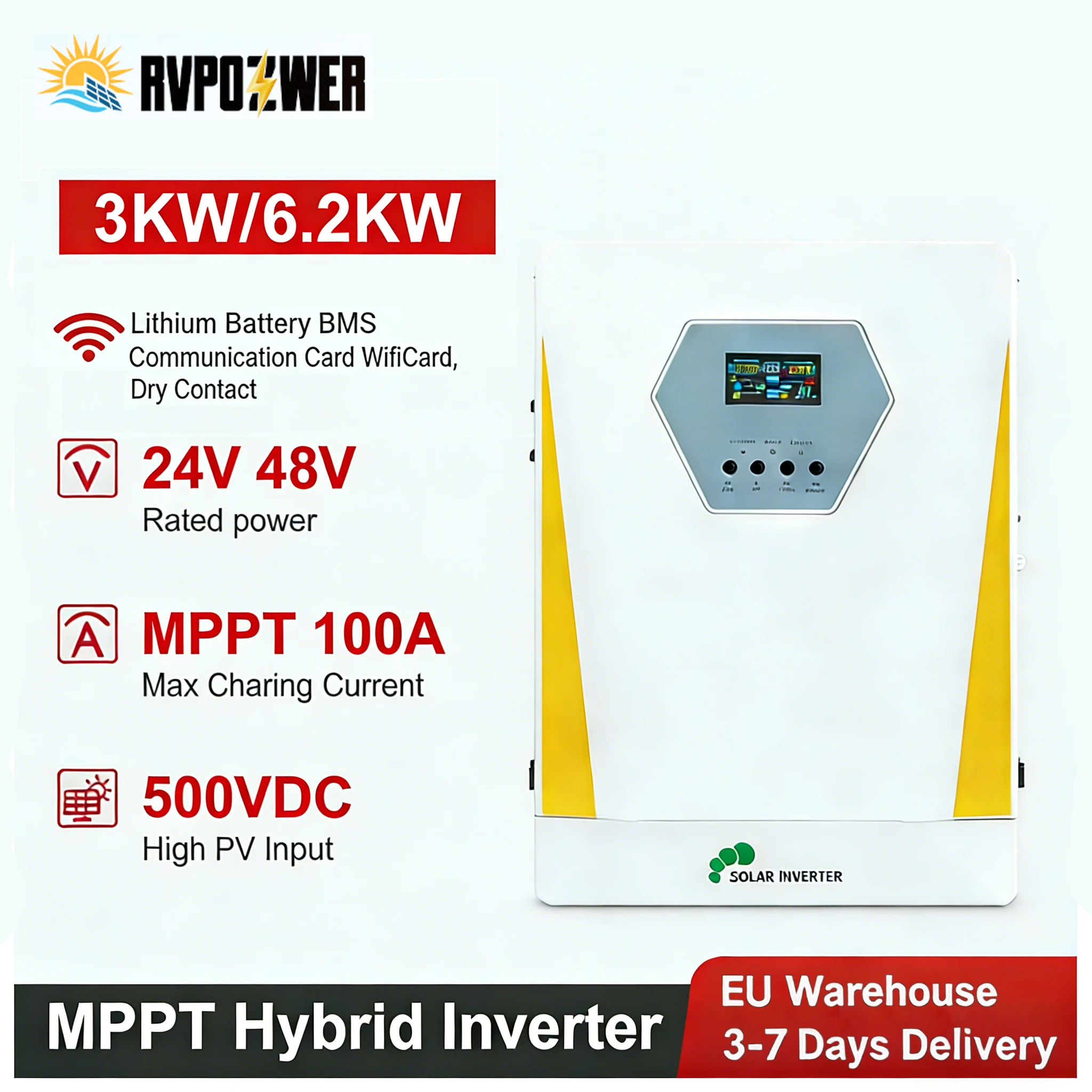 RVPOZWER 6,2KW 3KW Hybrid-Wechselrichter 24V auf 230V Reiner Sinuswellen-Solarwechselrichter mit LCD-Digitalanzeige für Wohnmobile, Wohnwagen und Haushaltsgeräte