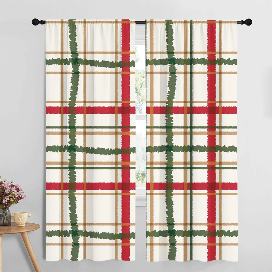 2PCS Christmas Plaid Curtains, Red Green Gold Tartan Pattern Winter Holiday Window Drapes for Bedroom Living Room Decor