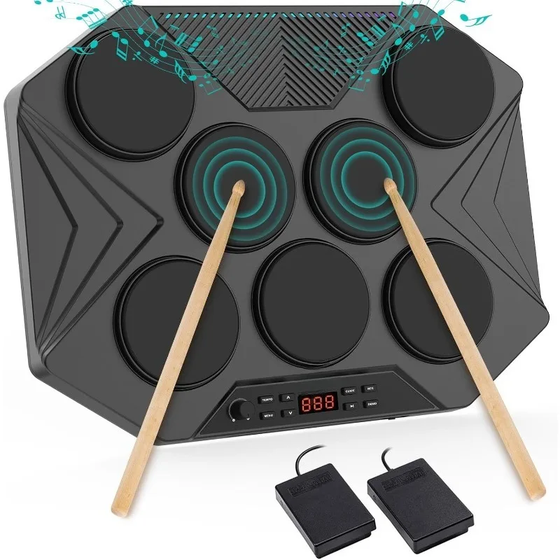 

Electronic Tabletop Drum Set, Portable Digital Drum Kit 7 Velocity Sensitivity Drum Pads, LED Music Level Light, USB-MIDI &