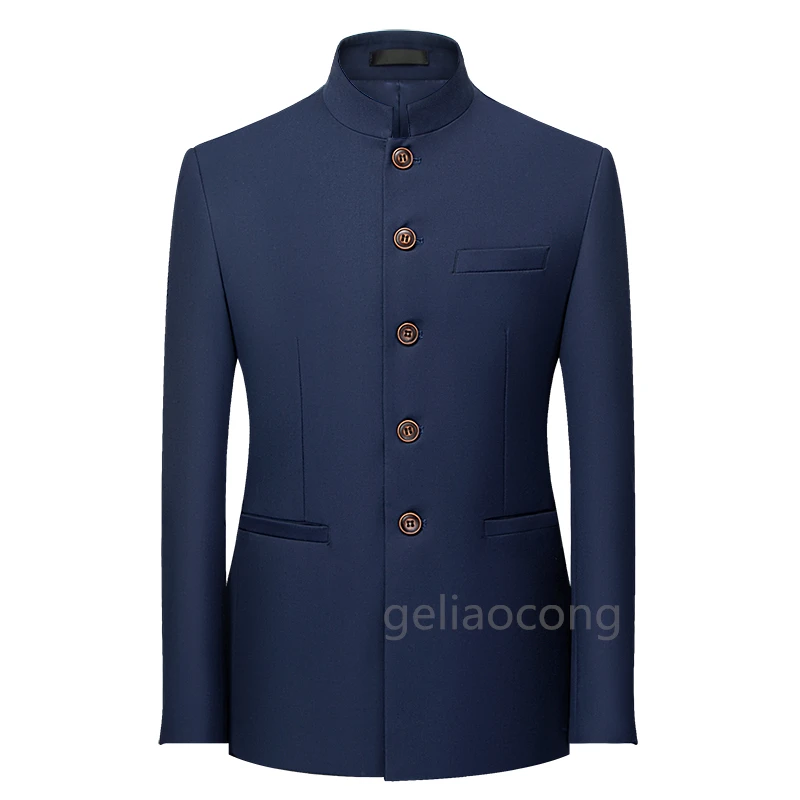 

Темно-синий пиджак для мужчин, приталенный мужской пиджак с воротником-стойкой, куртка для свадебной вечеринки, цельное модное пальто в китайском стиле