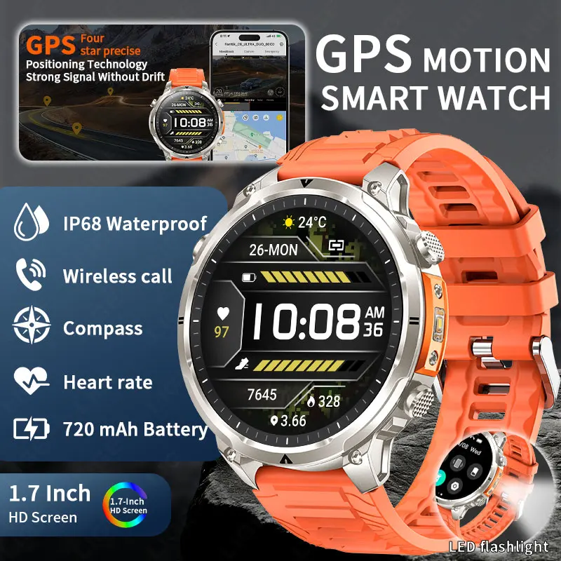

LIGE GPS Outdoor Sport Smart Watch Men 1.7-inch Large Screen IP68 Waterproof Fitness Tracker Monitor Bluetooth Call Smartwatch