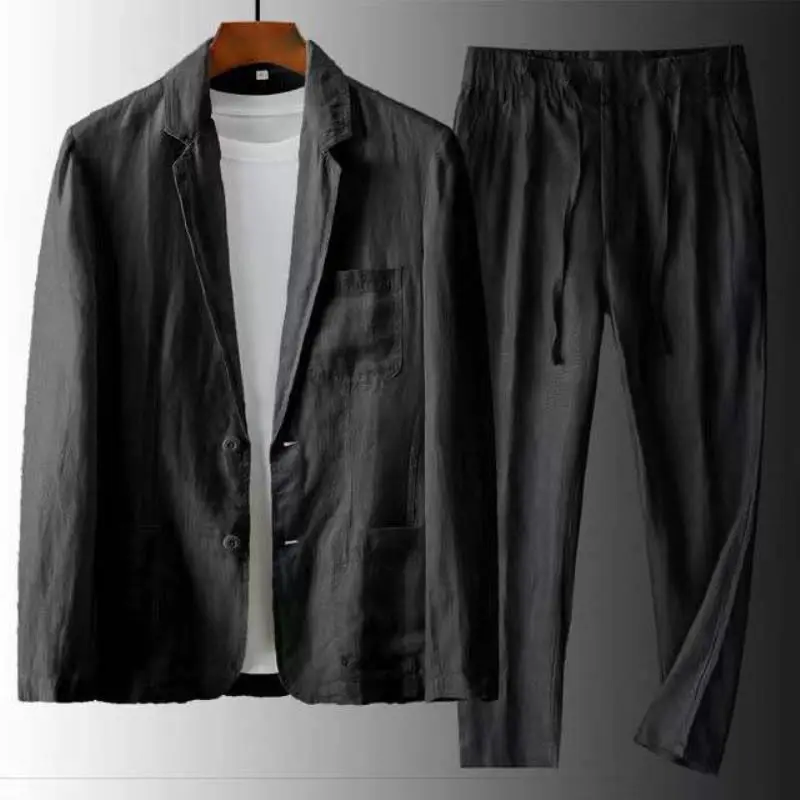 Conjunto de 2 piezas de lino para hombre, traje informal transpirable, chaqueta fina, pantalones largos de graduación, Blazer