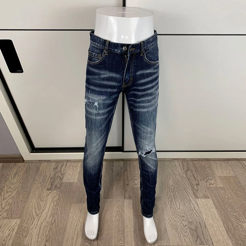 Men Deep Blue Whisker Faded Wash Simple Ripped Stretch Skinny Denim Jeans Hip‑Hop Streetwear Denim Jeanshombre