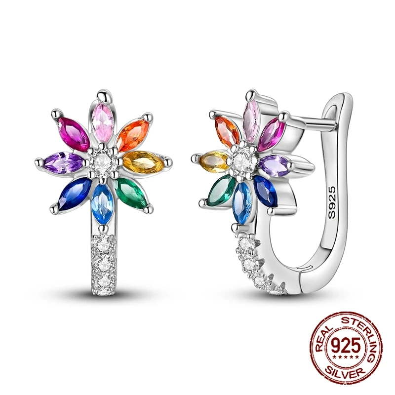 

7 Chakra Rainbow Flower Huggie Hoop Earrings 925 Sterling Silver Multicolor CZ Spiritual Yoga Chakra Jewelry Gift for Women
