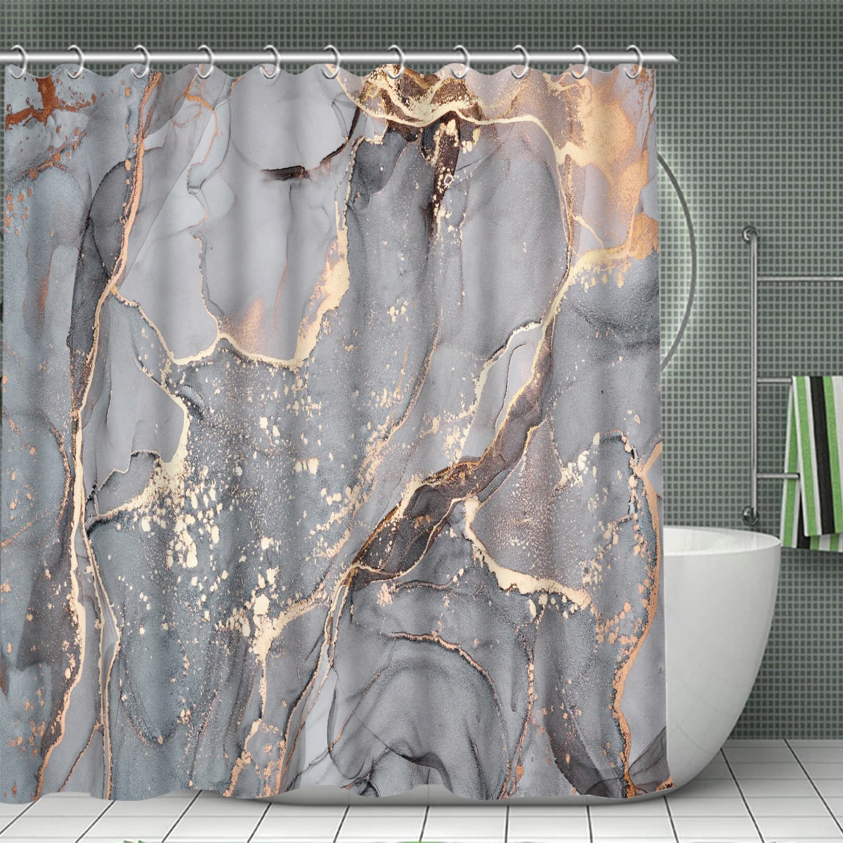 1/4 Piece Shower Curtain Set, Waterproof Bathroom Partition Curtain with Hooks, Anti-Slip Bath Rug, U Shape Mat, Toilet Seat Cov