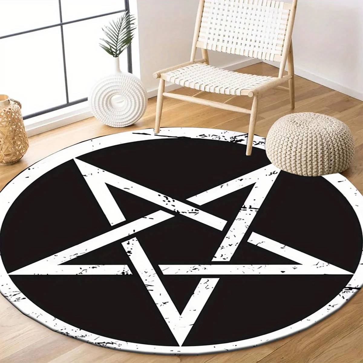 Flannel Printed Round Rug With Pentagram Design For Home Decor Soft Floor Mat Occult Art Theme Gothic Style