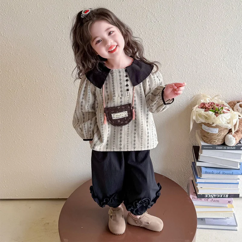 Spring and Autumn Set 2026 New Style Little Girl Doll Collar Vintage Top Loose Lantern Pants Two Piece Set Trendy