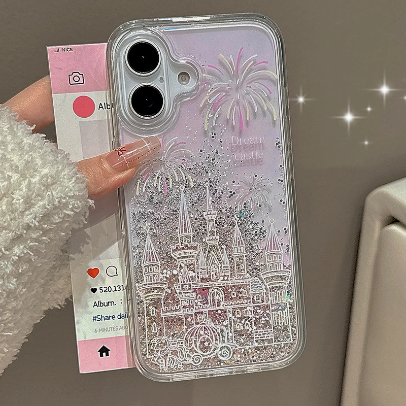 Glitter Cute Fireworks Quicksand Phone Case For iPhone 16 15 14 13 12 11 Pro Max Plus 2025 Girl Soft Cover Sequins Clear Shell