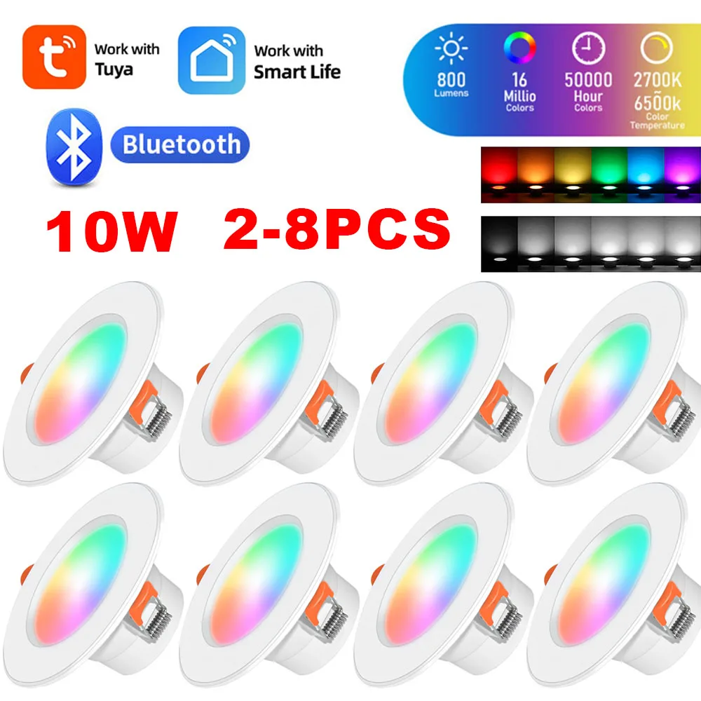 

2-8pcs RGB LED Bulb Tuya Dimmable Downlight Spotlight Bluetooth-Compatible Lamp 10W Smart Life APP Control RGB+CW+WW Smart Lamp