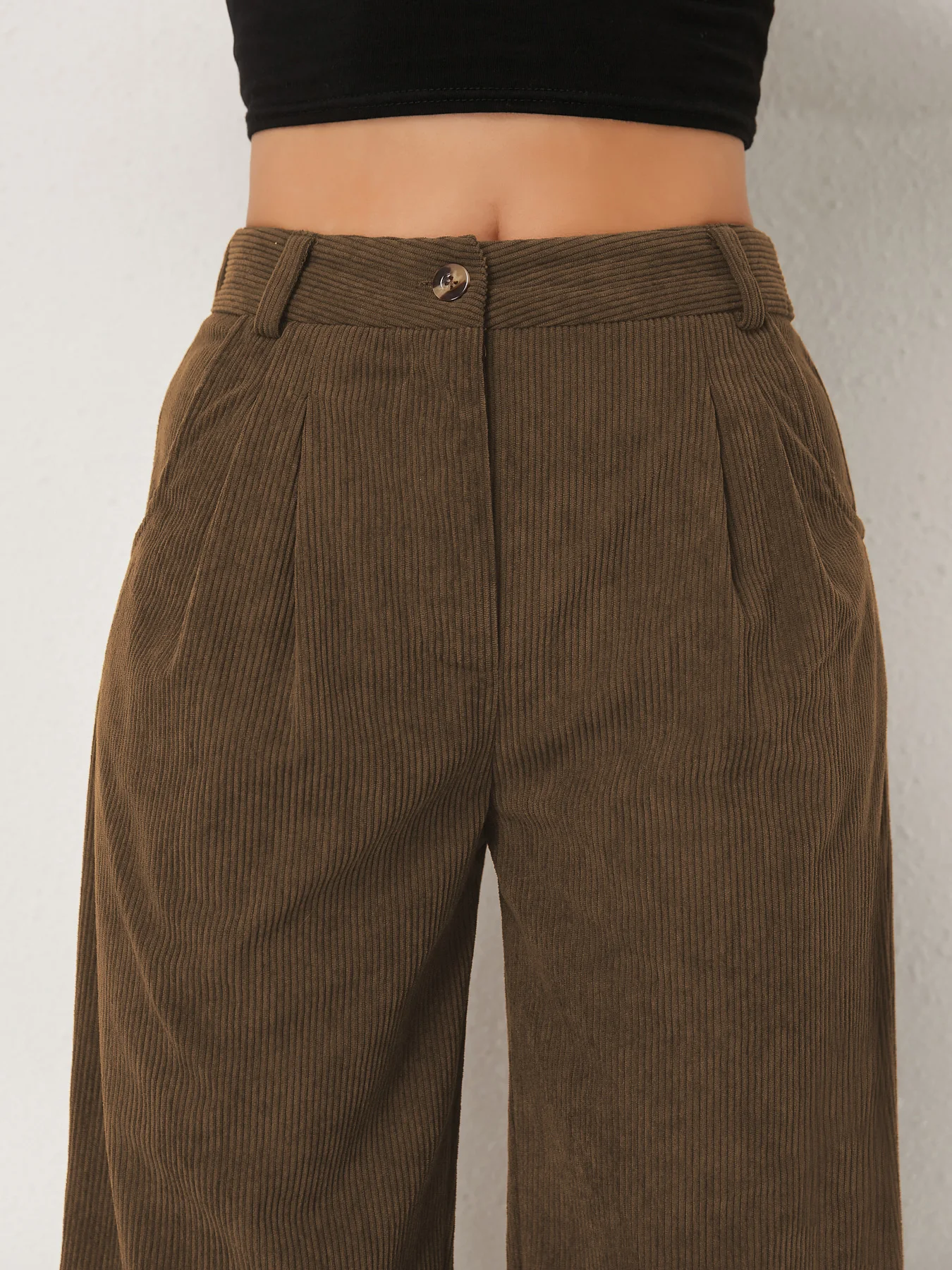 Neue Herbst- und Winter-Freizeitanzüge für Damen in Unifarben aus Cord mit weitem Bein und geraden, samtartigen Hosen, die schlank aussehen – Detail 5