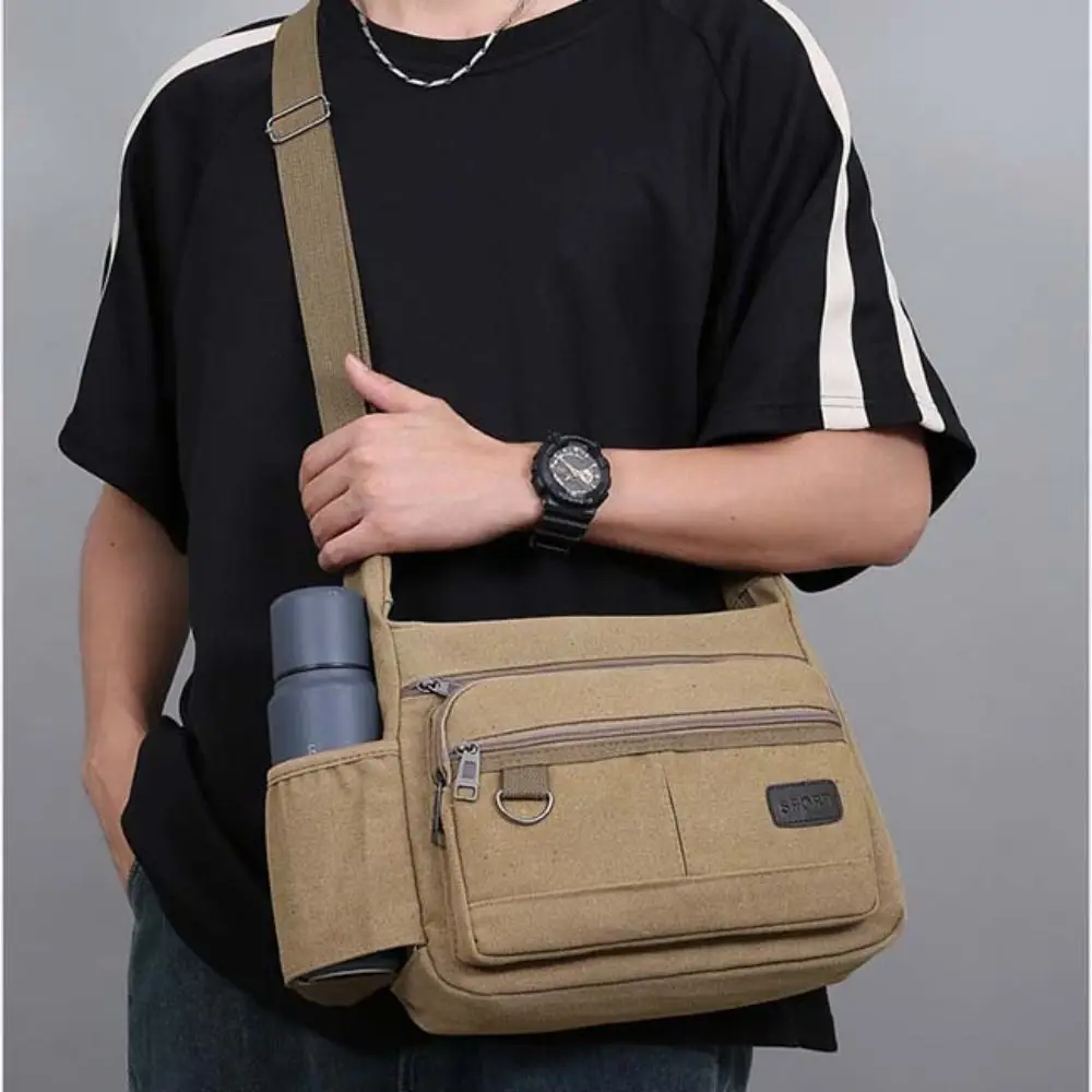 

Korean Style Men Messenger Bags with Bottle Pocket Solid Color Canvas Crossbody Bag Zipper All-match Simple Phone Bag Travel