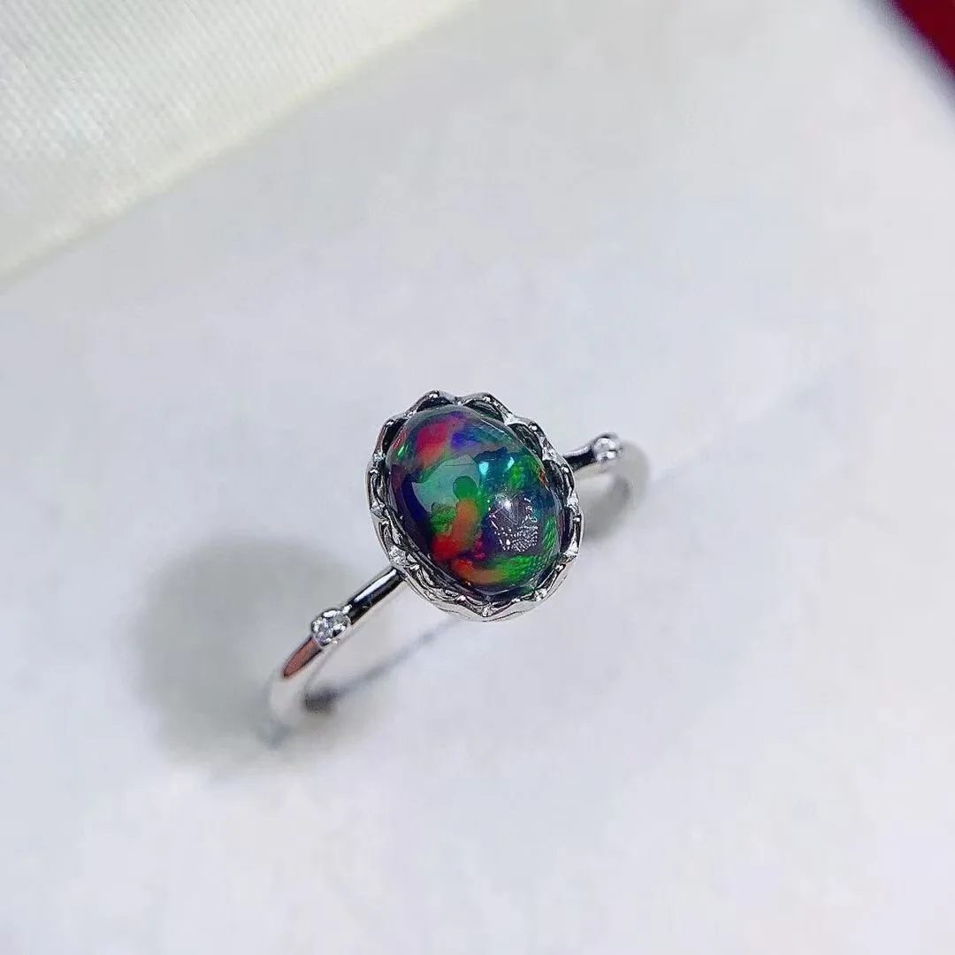 Everyday Wear Jewelry Opal Ring 6mm*8mm Natural Colored Opal 925 Silver Jewelry Fashion Silver Gemstone Ring