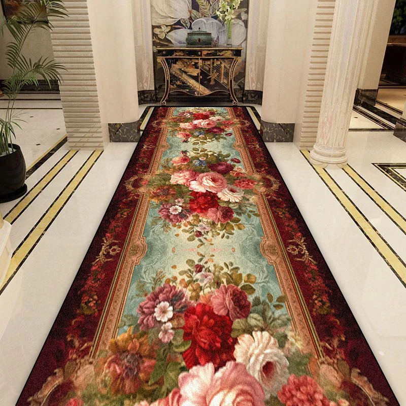 European Style Luxury Flower Long Corridor Carpet Non-slip Stairway Decor Rug Washable Aisle Runner Rug Customized Kitchen Mat