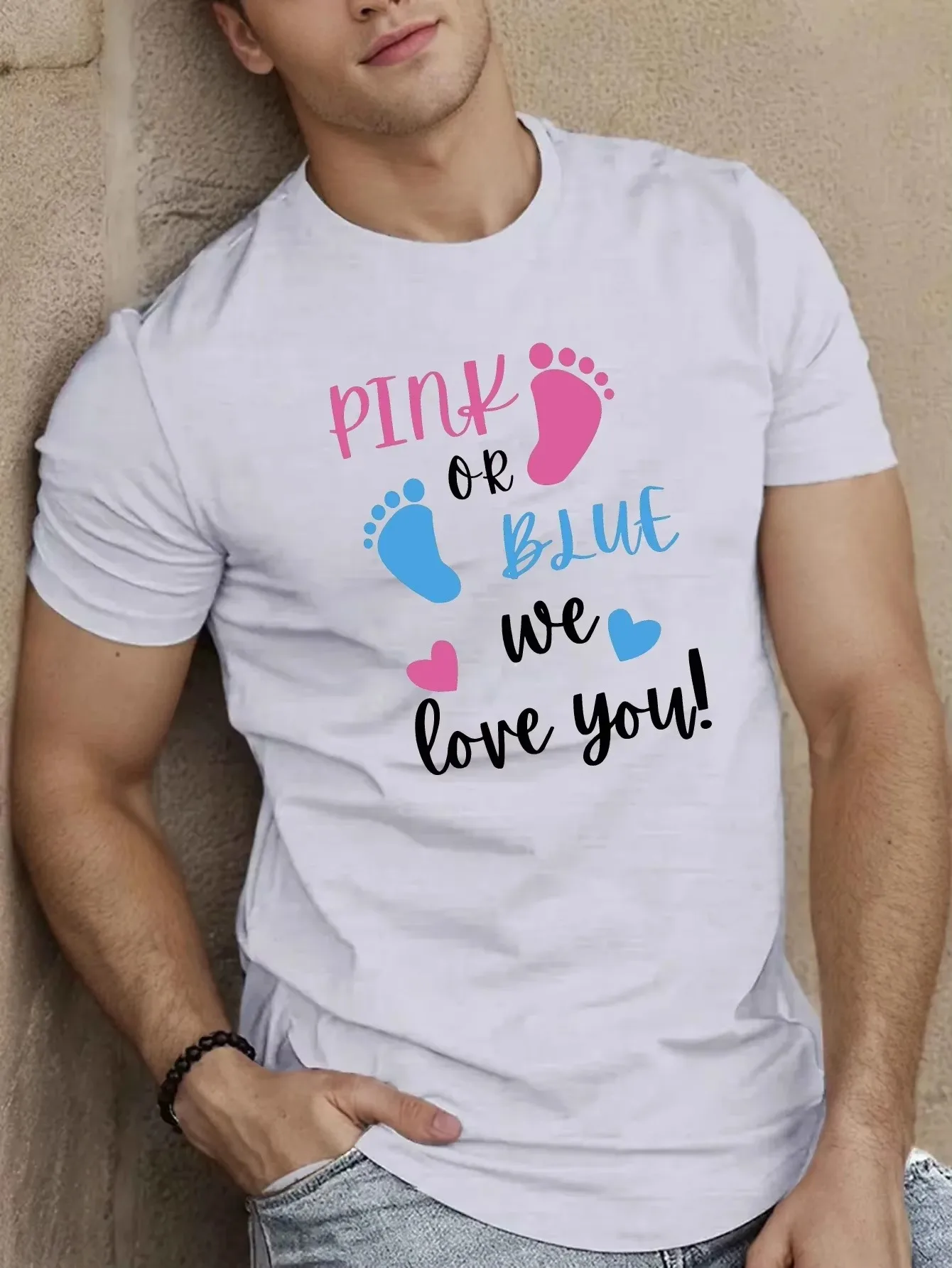 2026 Men Gender Reveal Baby Footprint Graphic T-shirt Pink Blue Heart Short Sleeve Crew Neck Tee