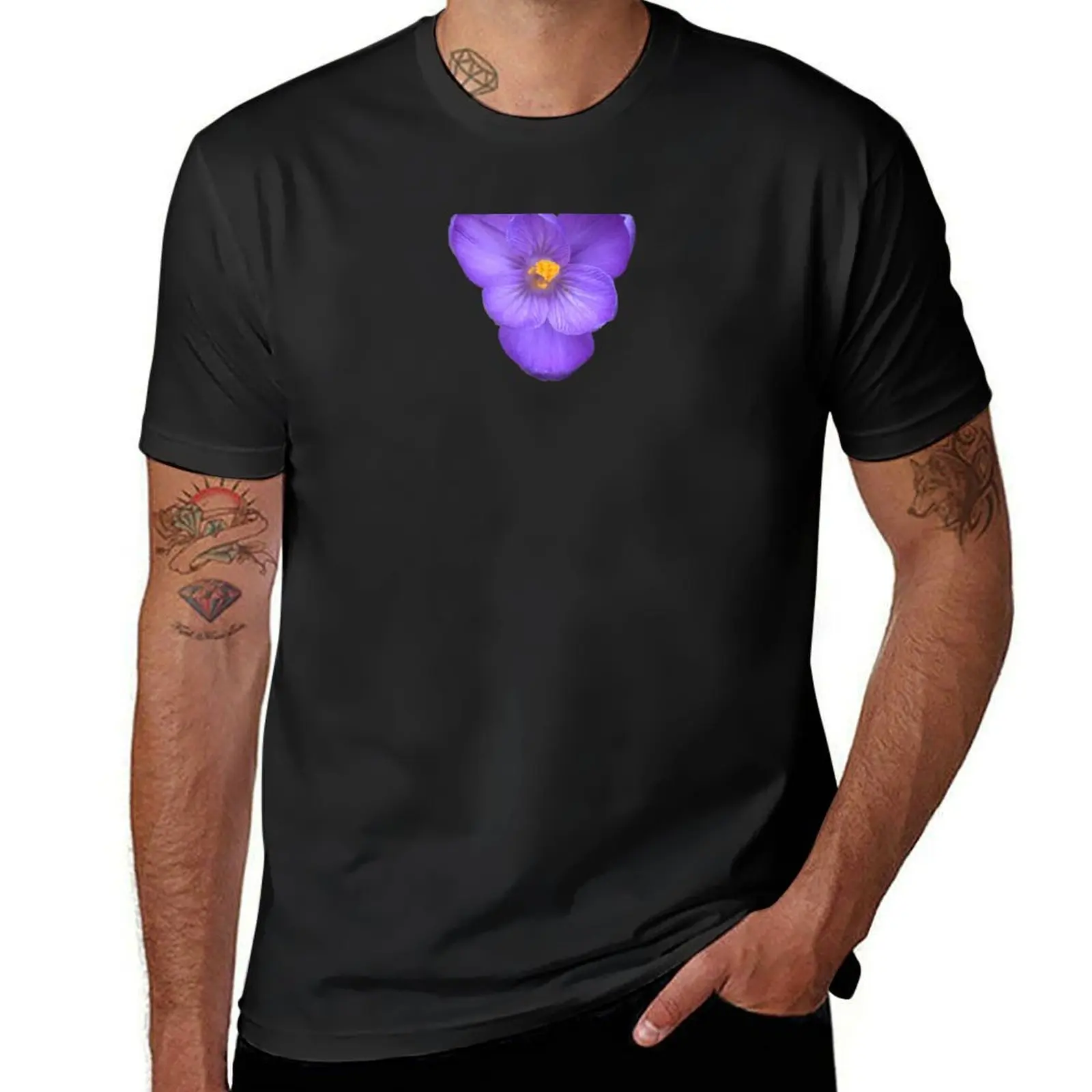 Purple Crocus Open Blossom - black background T-shirt aesthetic clothes quick drying sublime mens vintage t shirts