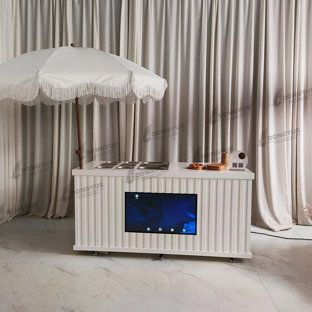 

Custom Detachable Candy Cart Wooden Charcuterie Bar Cart Mobile Food Cart for Sale with LED Screen