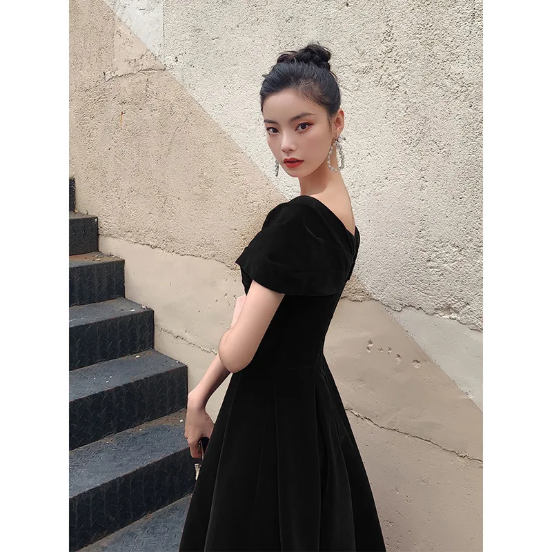 Frech Vintage Off Shoulder Ruched Velvet Formal Evening Party Dress Black