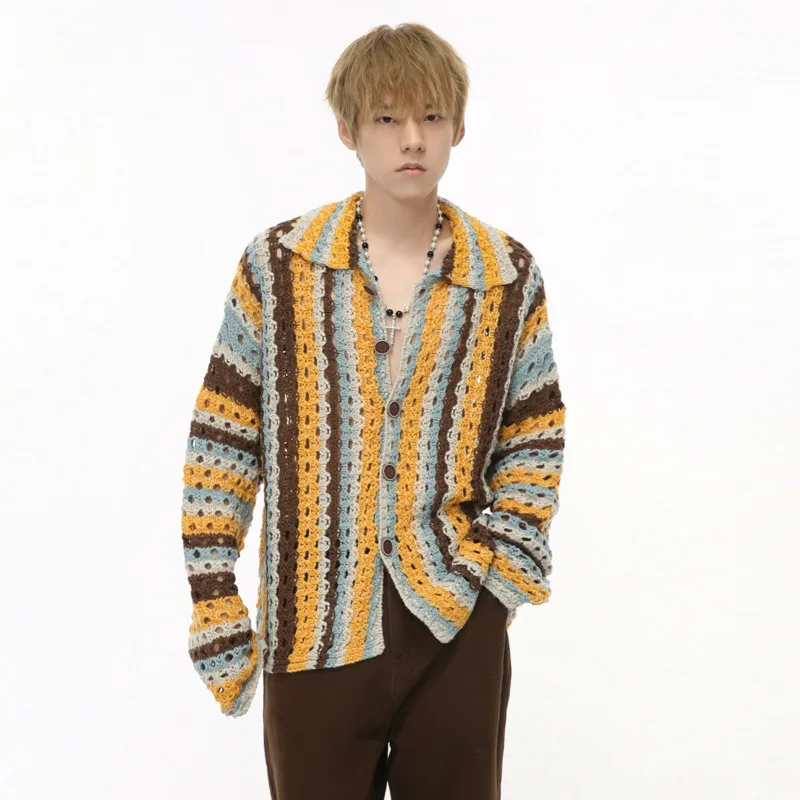 SYUHGFA Korean Style Men's Cardigan Striped Contract Color Hollow Out Knitting Clothing Loose Male Sweater Simple 2024 Autumn