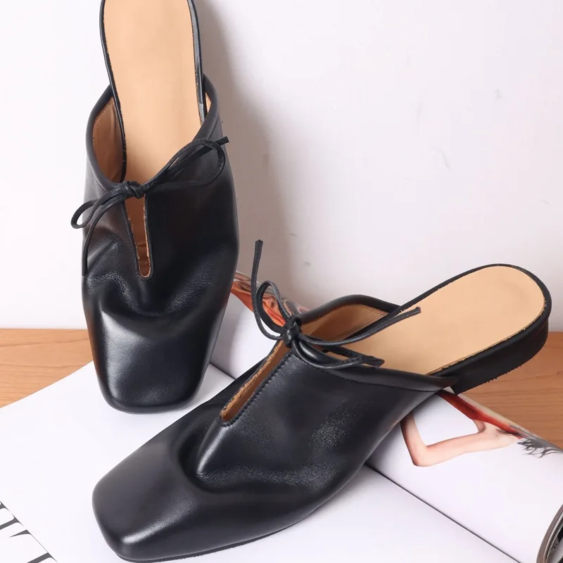 

Handmade shoes~Genuine leather women shoes half slippers for women wearing low heels, square bow, and lazy shoes on one foot