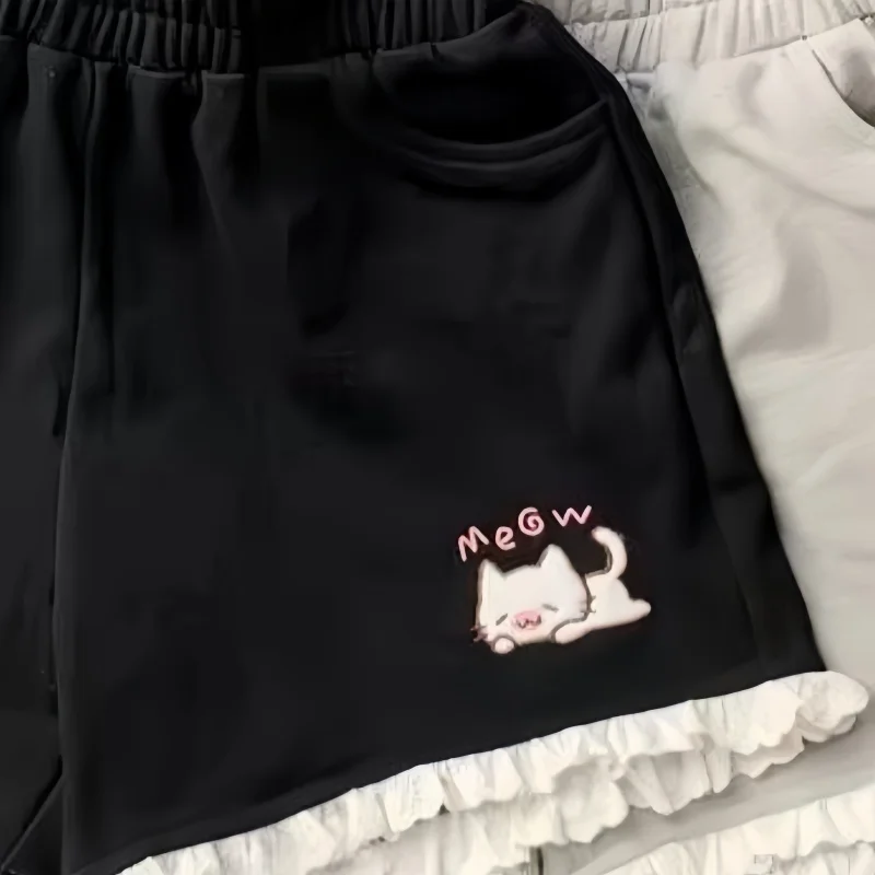 Pantaloncini sportivi a vita alta alla moda Pantaloncini corti a gamba larga con ricamo gatto carino Y2K Abbigliamento femminile casual estetico 2025 Estate Nuovo
