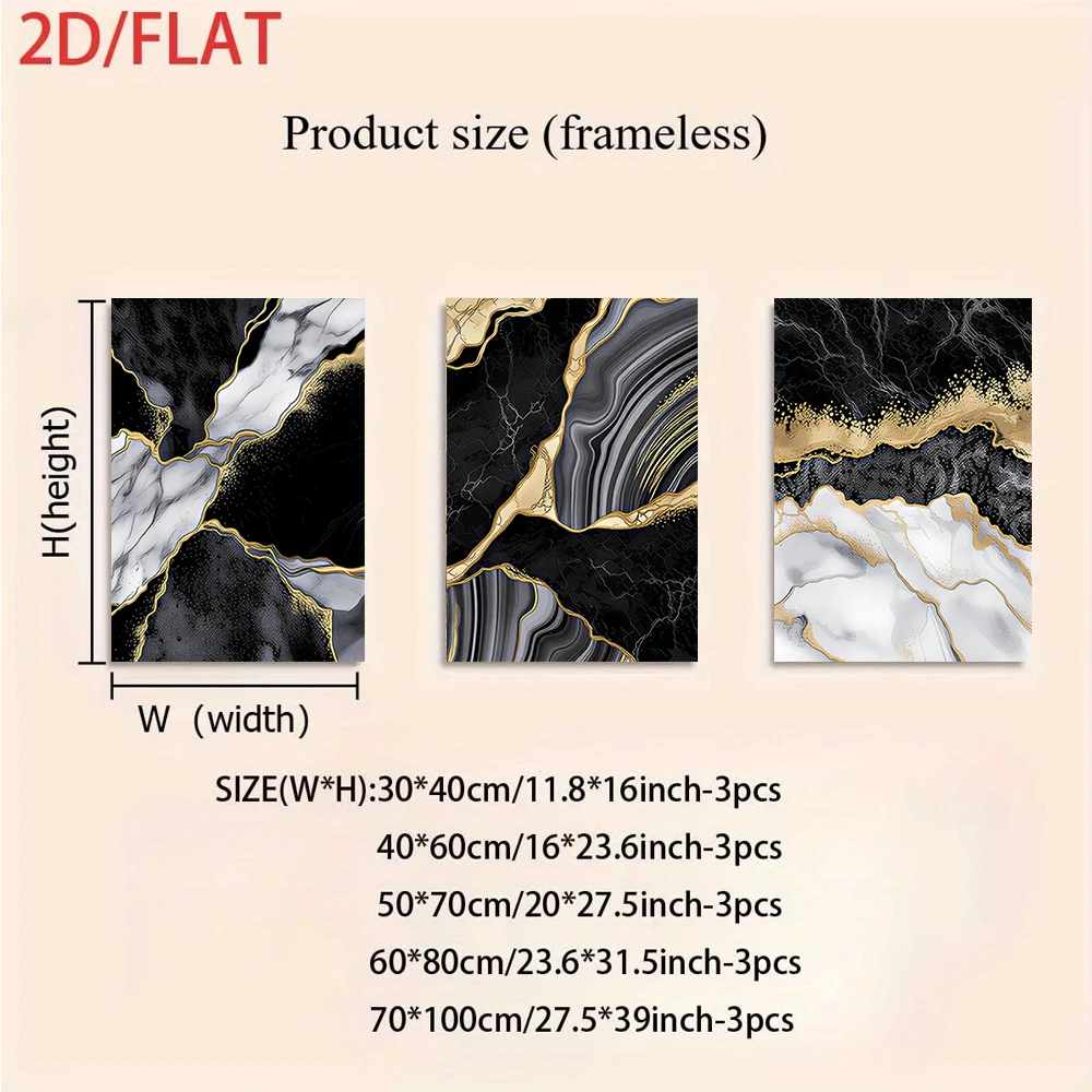 3PCS Large-sized frameless canvas paintings,1 set of modern minimalist black and gold marble-patterned three-panel frameless pai