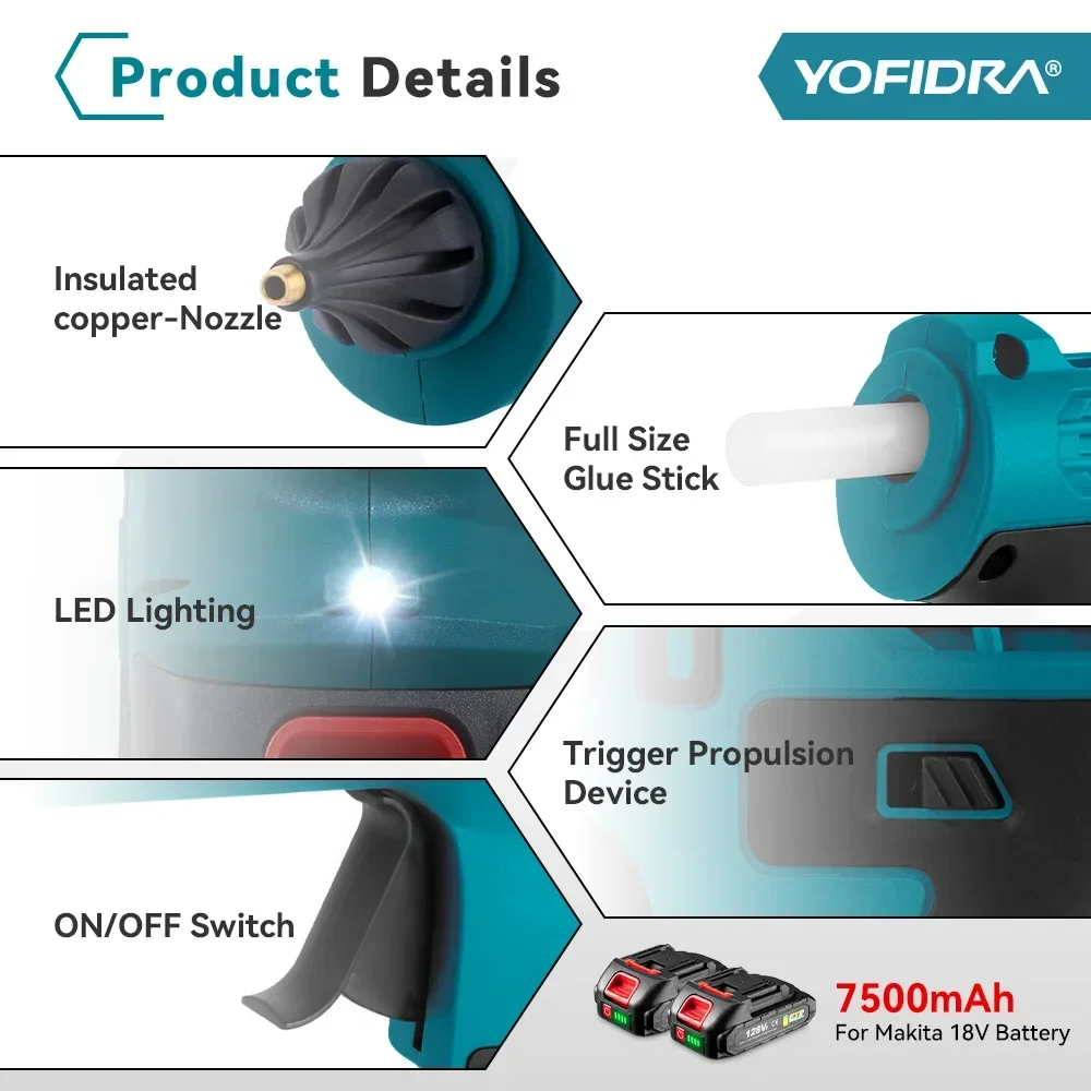 Yofidra 100W Hot Melt Glue Gun Cordless Efficient Electric DIY Repair Tools with 10PCS 11mm Glue Stick For Makita 18V Battery