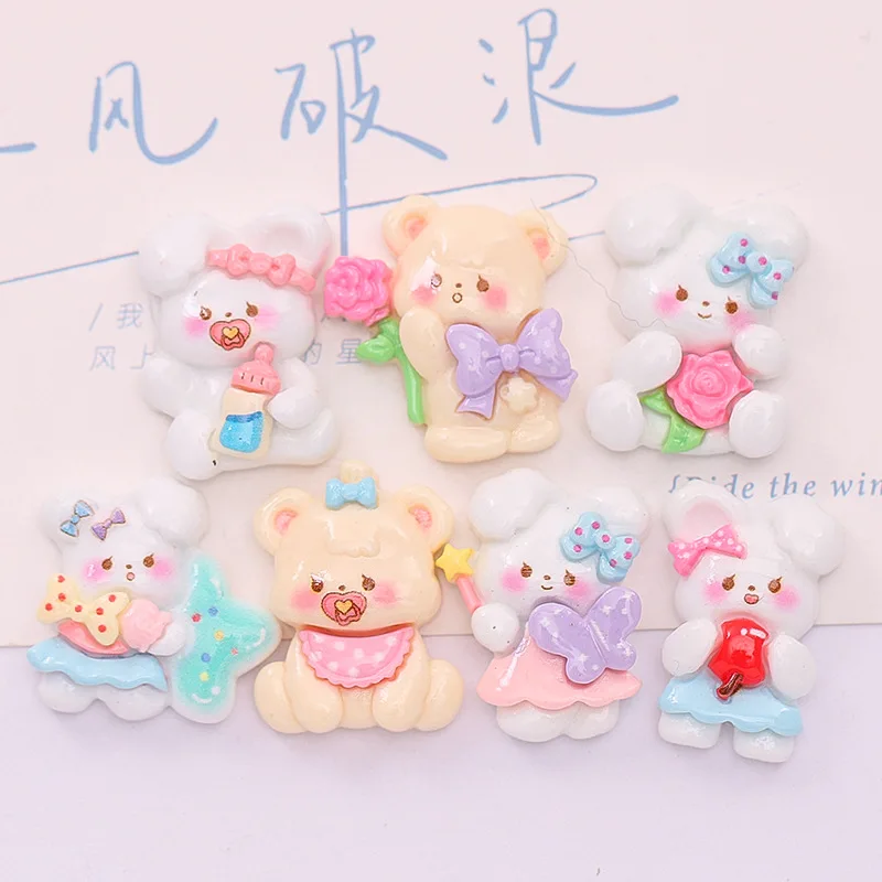 10 Pcs New Lovely Cartoon Animal Bowknot White Rabbit Little Bear Resin Scrapbook Diy Jewellery Hairpin Accessories Decorate