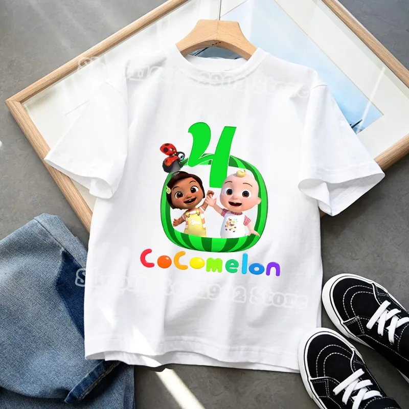 Cocomelons 소년 소녀 생일 티셔츠 번호 1-10 프린트 티셔츠 베이비 샤워 파티 티 어린이 여름 귀여운 탑 어린이 선물