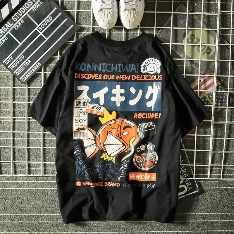 ملابس الوالدين والطفل الصيف Harajuku النمط الياباني قصيرة الأكمام تي شيرت الرجال المد العلامة التجارية الشارع فضفاض زوجين القمم الملابس