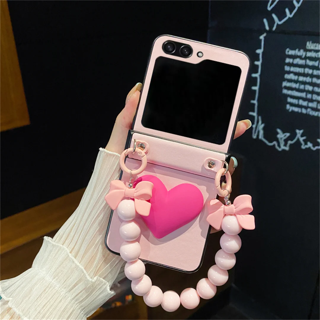 Ins Korean Cute Pink Love Heart Bow Chain Portable Phone Case for